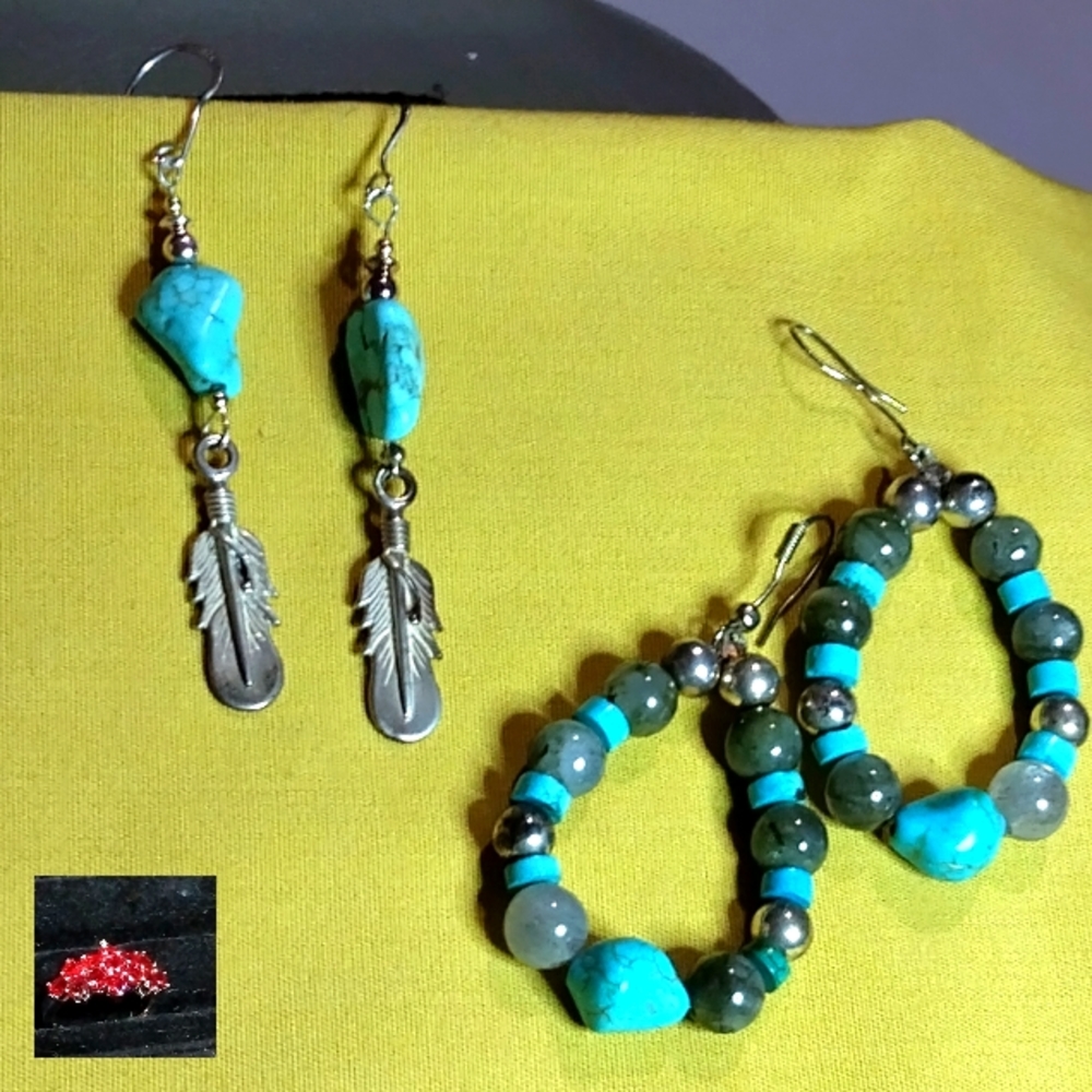 CHOOSE FROM-2-PAIR-, #1-FANCYFEATHER #2-ROUND,-MOJAVE TURQUOISE. STERLING, HYPO.